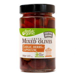 Organic Mix Olives - Garlic, Herb & Capsicum 300g Front | Honest to Goodness
