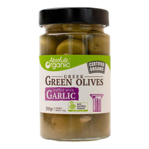 Organic Greek Green Olives Stuffed With Garlic 300g Front | Honest to Goodness