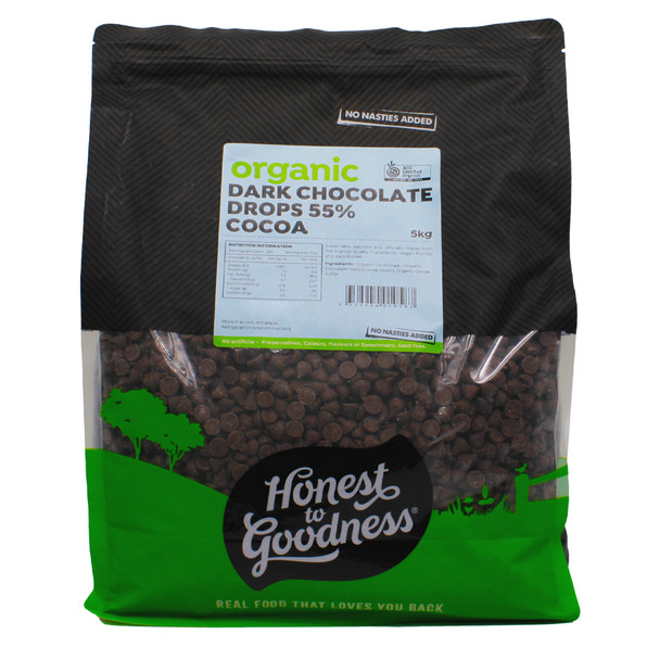 Organic Dark Chocolate Drops 55% Cocoa 5KG | Honest to Goodness