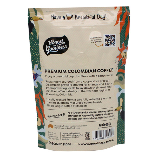 Single Origin Colombian Coffee Beans 250g - Back | Honest to Goodness