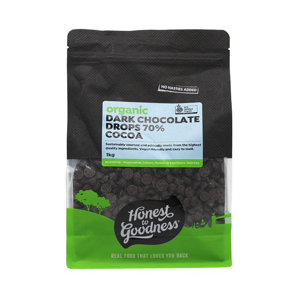 Organic Dark Chocolate Drops 70% Cocoa 1KG | Honest to Goodness
