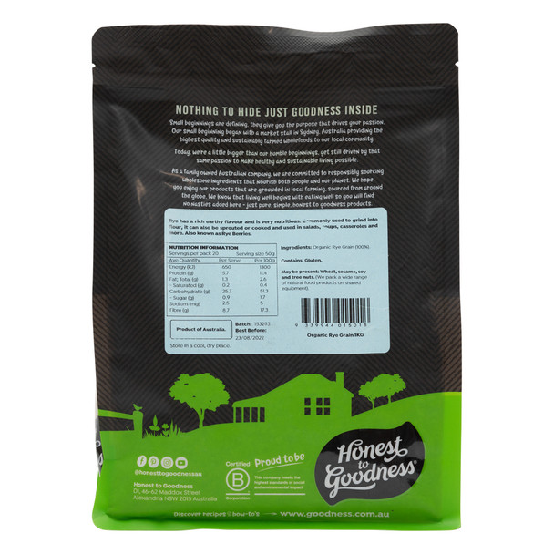 Honest to Goodness Organic Australian Rye Grain 1KG 4