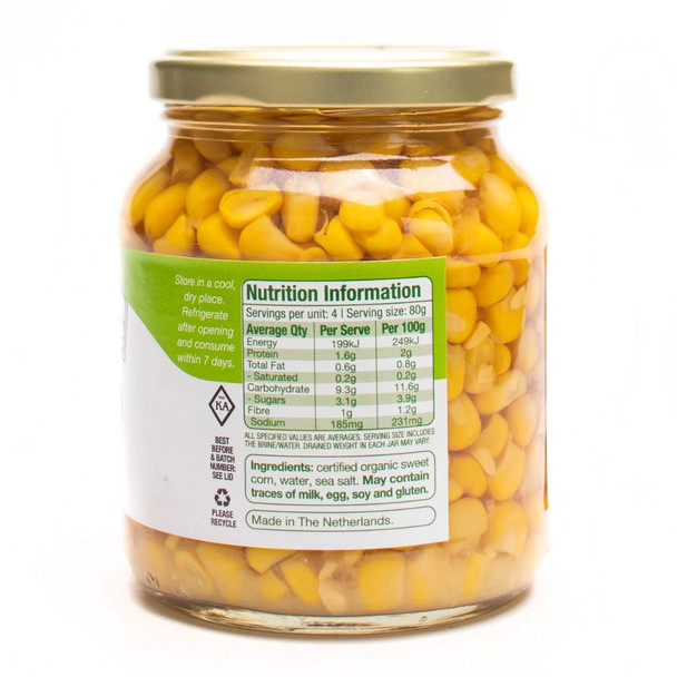 Organic Sweet Corn 350g Back | Honest to Goodness