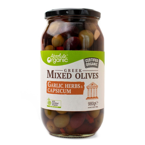 Organic Mix Olives - Garlic, Herb & Capsicum 980g Front | Honest to Goodness