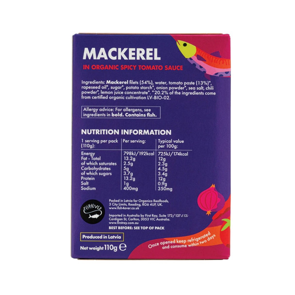 F4E Mackerel in Org Spicy Tomato Sauce 110g | Honest to Goodness