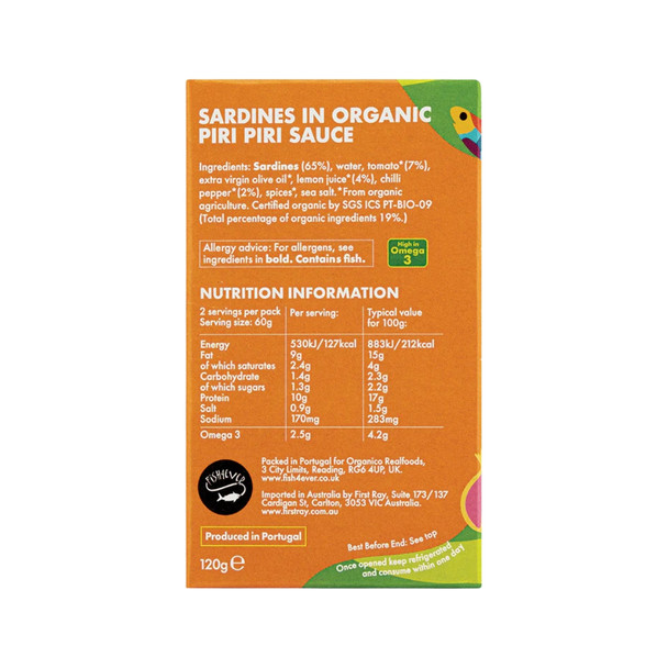 F4E Sardines in Org Piri Piri Sauce 120g | Honest to Goodness