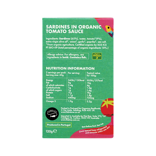 F4E Sardines in Org Tomato Sauce 120g | Honest to Goodness