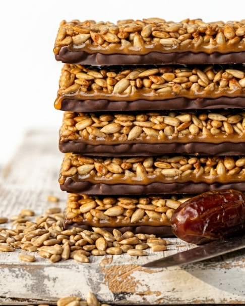 Chocolate, Date Caramel & Sunflower Seed Bars