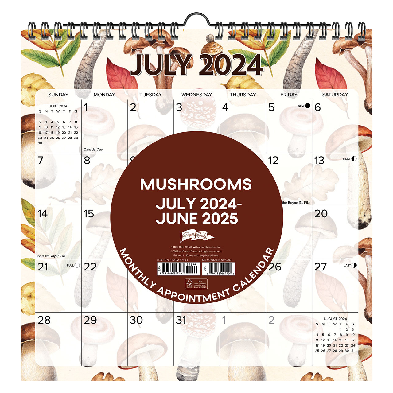 Mushrooms Academic July 2024 - June 2025 12 mushrooms-academic-july-2024-june-2025-12-x-12-spiral-wall-calendar