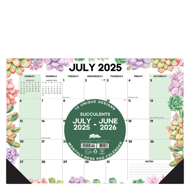 Succulents Academic July 2025 - June 2026 17" x 12" Small Monthly Deskpad Calendar