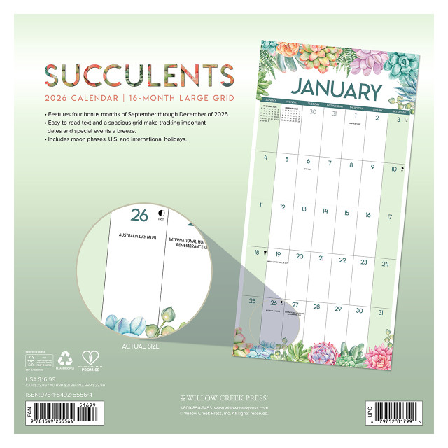 Succulents - Large Grid Wall 2026 Wall Calendar