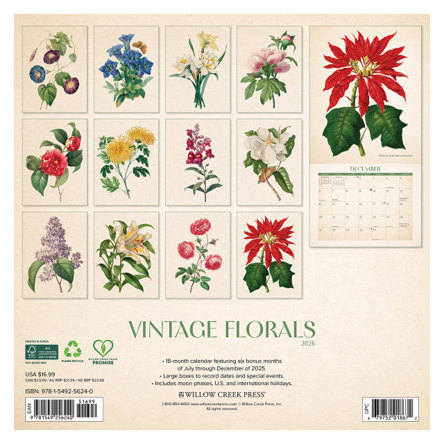 Vintage Florals  2026 Wall Calendar