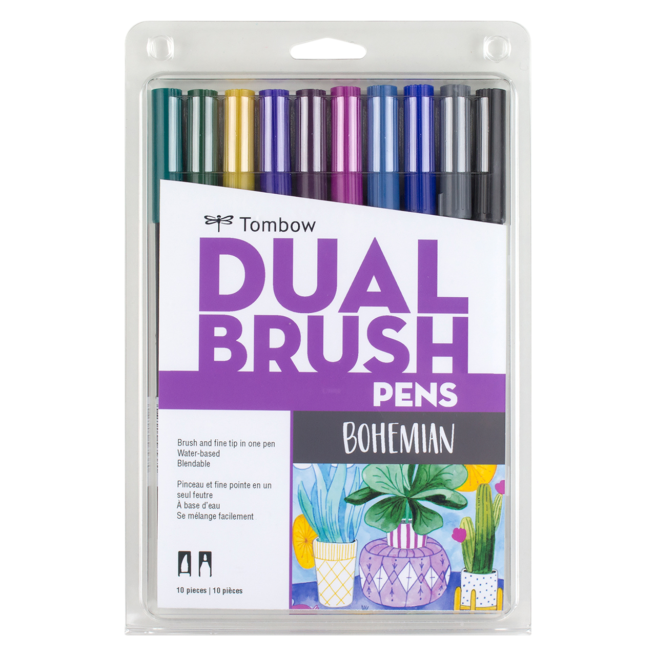 Dual Brush Pen Art Markers, Bright, 10-Pack + Free Fudenosuke Brush Pen