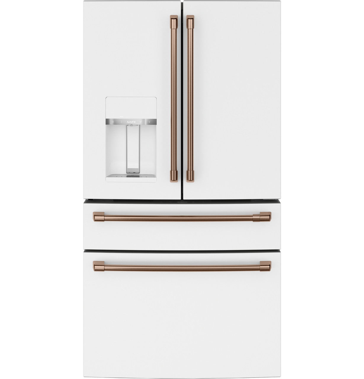 Cafe 27.8 Cu. Ft. French Door Refrigerator Energy Star with Hot Water  Dispenser in Matte White and Brushed Bronze