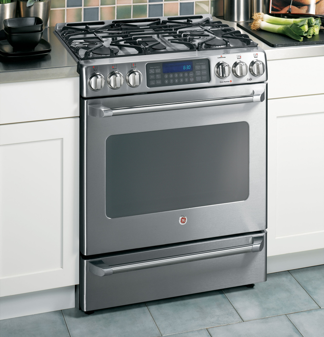 ge cafe 6 burner double oven gas range