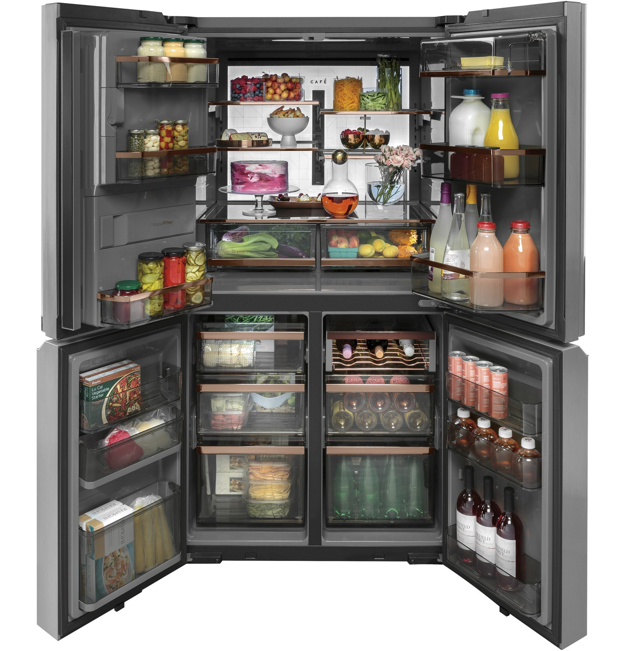 Café™ ENERGY STAR® 27.4 Cu. Ft. Smart Quad-Door Refrigerator in Platinum  Glass - CQE28DM5NS5 - Cafe Appliances