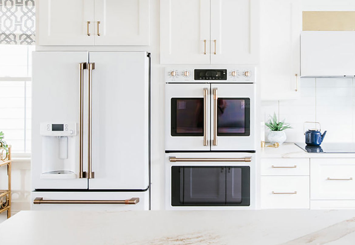 Contemporary White Kitchen With White Matte Appliances And Gold