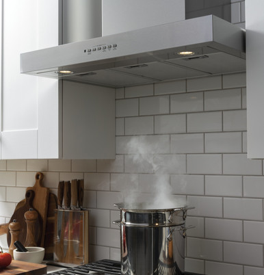 Cafe 30” Designer Wall Mount Range Hood w/ Dimmable LED Lighting in Stainless Steel size 28.5 H x 30 W x 20 D | UVW8301SLSS