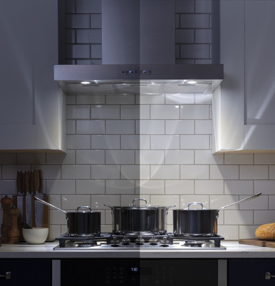 Cafe 30” Designer Wall Mount Range Hood w/ Dimmable LED Lighting in Stainless Steel size 28.5 H x 30 W x 20 D | UVW8301SLSS