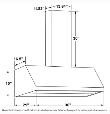 Cafe 36” Designer Wall Mount Range Hood w/ Dimmable LED Lighting in Stainless Steel size 10 H x 36 W x 21 D | UVW8364SPSS