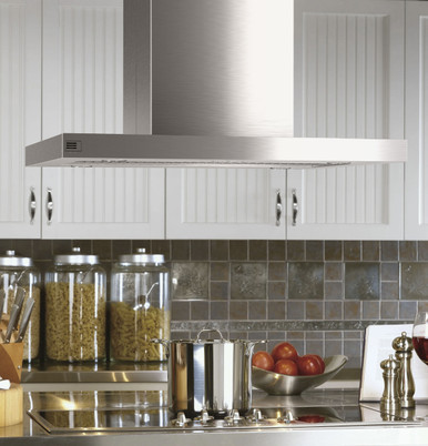 Cafe 36" Designer Island-Mount Chimney Vent Hood with Clean Air Sensors in Stainless Steel size 2.4 H x 36 W x 26.6 D | UVI1036SRSS
