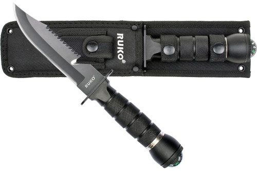 420J2, 6" Fixed Blade Survival Knife, ABS Handle w/Ball Compass Pommel - Clamshell