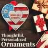 Patriotic heart-shaped Christmas ornament with American flag design and "Military Strong" center, hand-painted with glitter enamel.