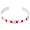 Stainless steel cuff bracelet with a red apple design, featuring the inscription 'I care, I teach' on the inside.