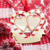 Red & White Enamel Double Hearts with Engraveable Ribbon Gold Flat Wedding Anniversary Ornament