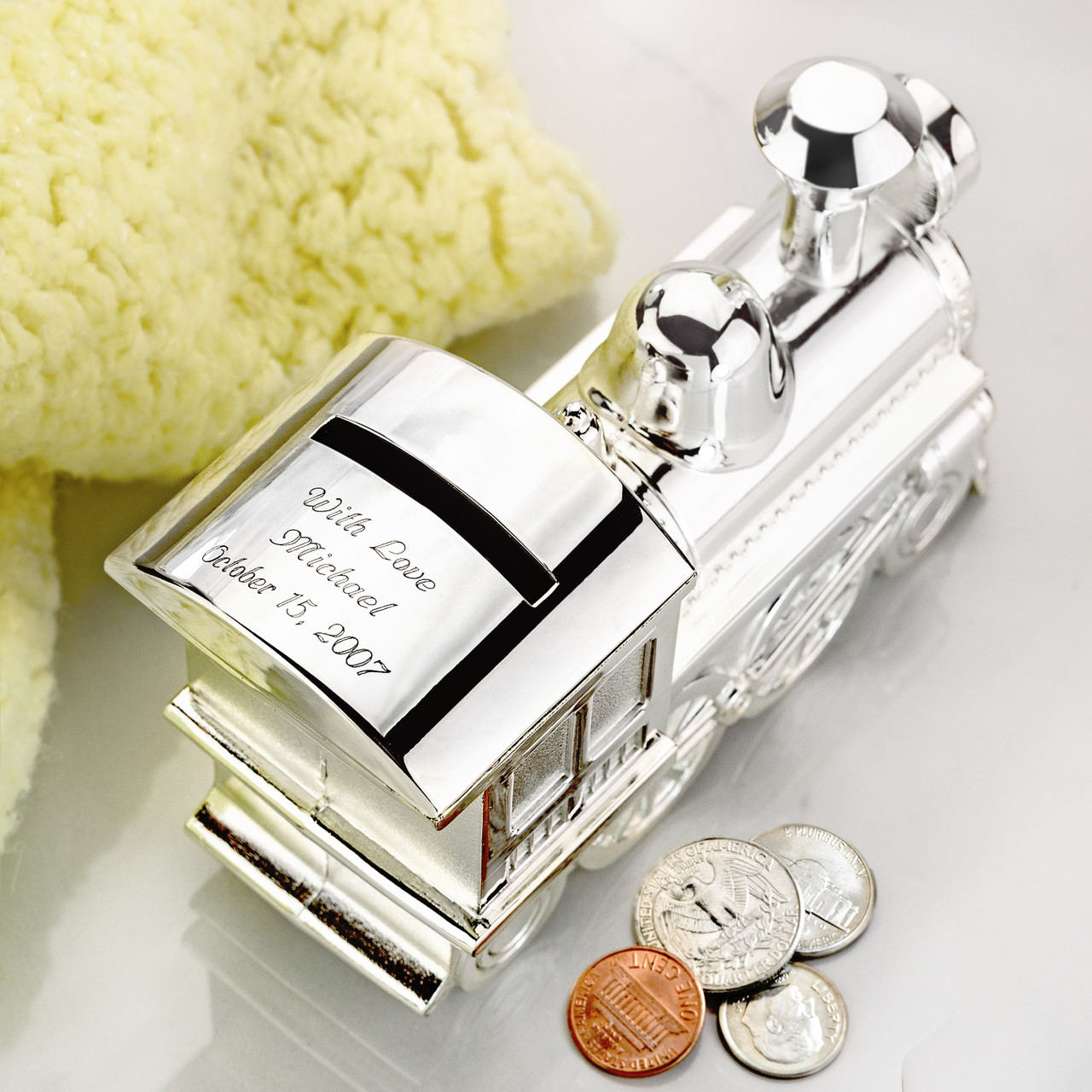 Silver Plated Train Coin Bank Baby Gift Engraveable - Gloria Duchin