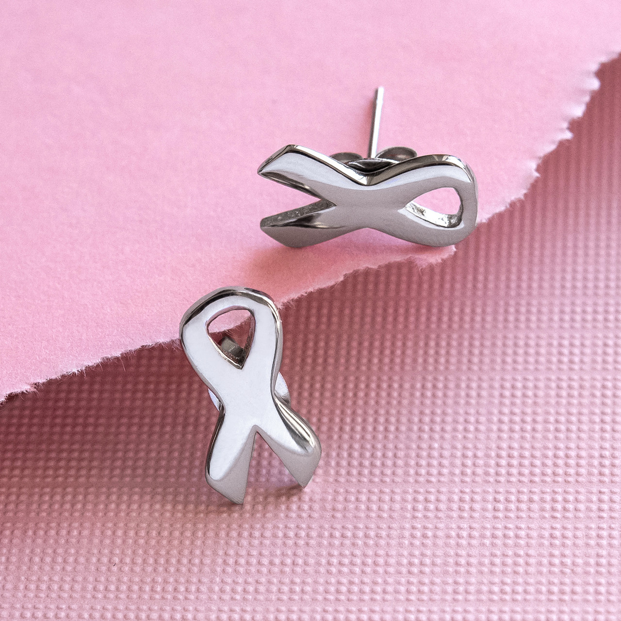 Silver Metal Cancer Ribbon Post Earrings - Gloria Duchin