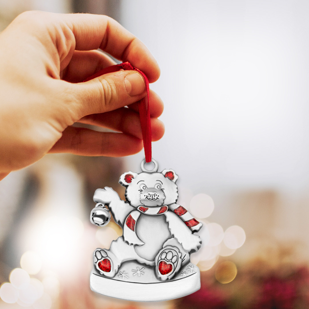 Genuine Pewter Metal Teddy Bear Christmas Tree Ornament - Gloria