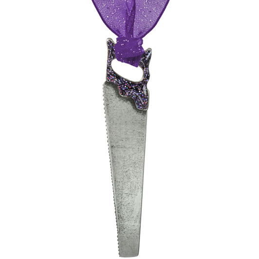 Pewter Christmas ornament handsaw ornament decorated with hand-painted purple glitter enamel.