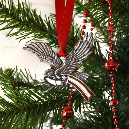 Bald Eagle with American Flag Pewter Christmas Ornament
