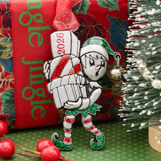 Silver Metal Busy Elf Ornament Dangfle Ball Current Date Stamped