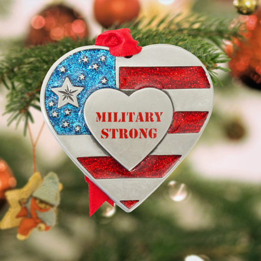 Patriotic heart-shaped Christmas ornament with American flag design and "Military Strong" center, hand-painted with glitter enamel.