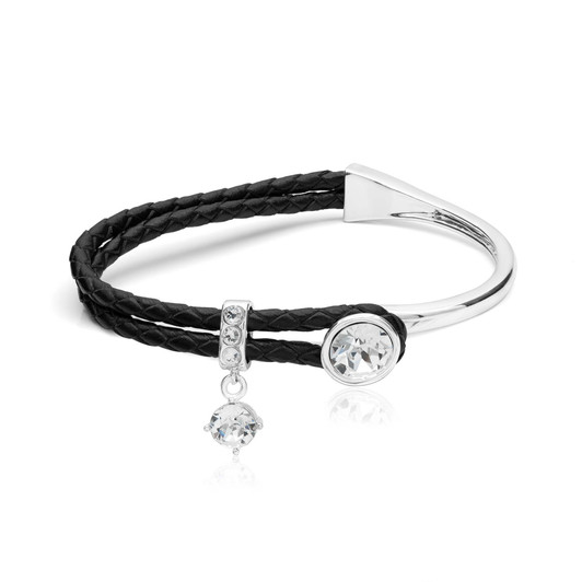 Black Leatherette Clear Stone Bangle Bracelet