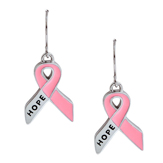 Silver Metal Hope Pink Cancer Ribbon Dangle Earrings