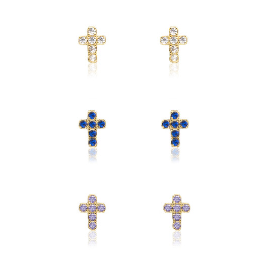 Gold Metal Stud Earrings Cross Set on Velvet Ornament Stocking Stuffer