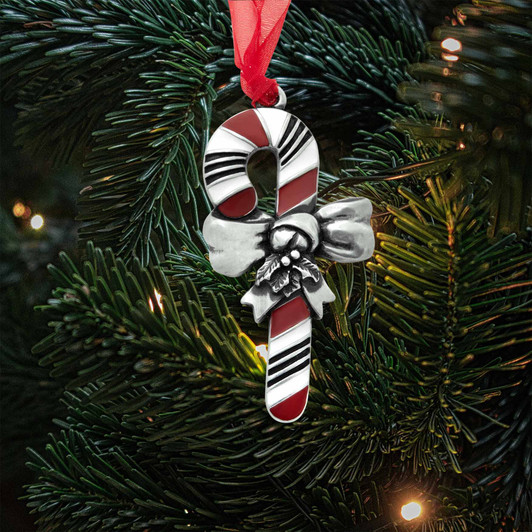 Antique Candy Cane Unique with Bow Silver Metal Christmas Ornament