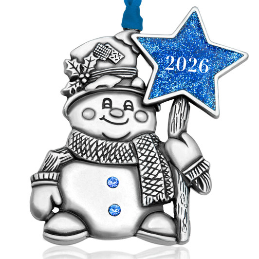 Happy Snowman Pewter Plated Metal Ornament Holds Dated Glitter Star