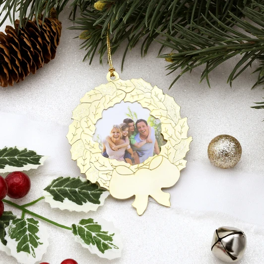Gold Metal Holly Wreath Photo Ornament