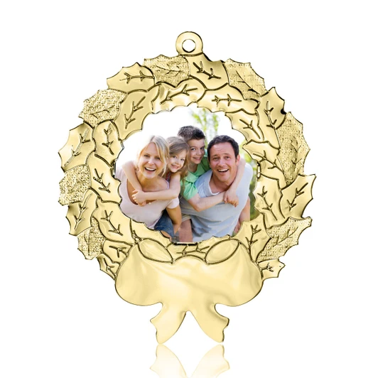 Gold Metal Holly Wreath Photo Ornament