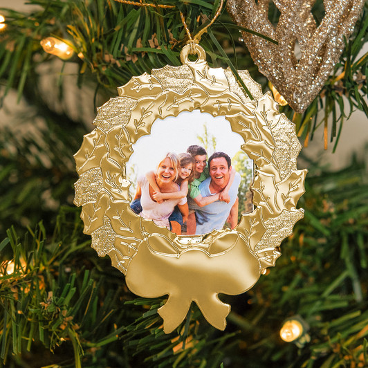 Gold Metal Holly Wreath Photo Ornament