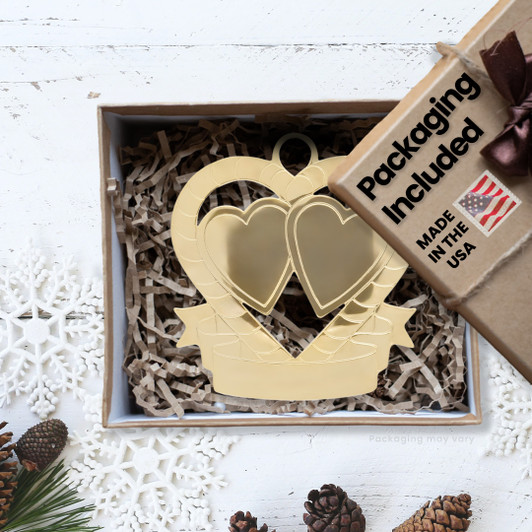 Red & White Enamel Double Hearts with Engraveable Ribbon Gold Flat Wedding Anniversary Ornament