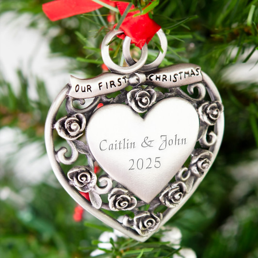 Genuine Pewter "Our First Christmas" Wedding Heart Ornament