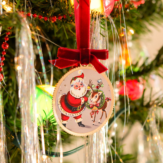 Santa and Reindeer Vintage Style Tree Ornament with Crystals