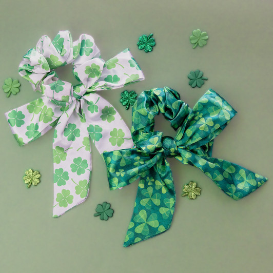 Set of 2 Clover Print Hair Scrunchie with Tie St. Patrick's Day Women's Girls Hair Accessories
