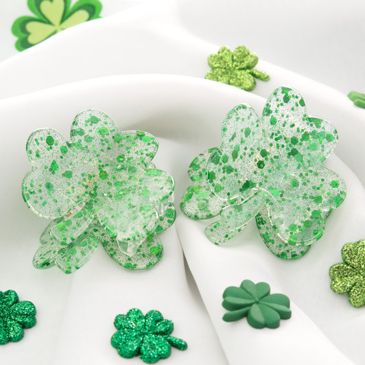 Set of Two Sparkling Clover Design Hair Clips St. Patrick's Day Girls & Women's Hair Clip Accessories