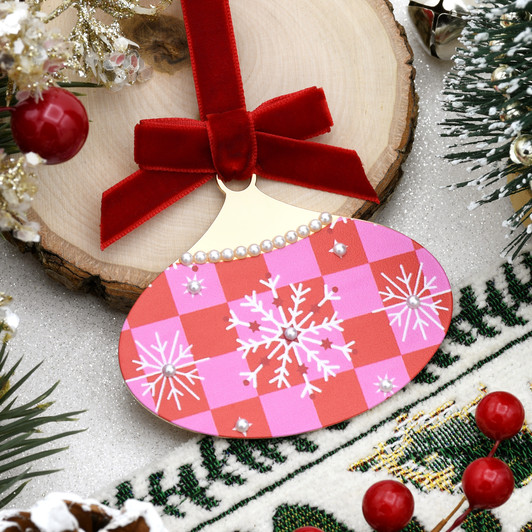 Folklore Oval Ball with Snowflakes and Pearls Christmas Tree Ornament Holiday Decorations
